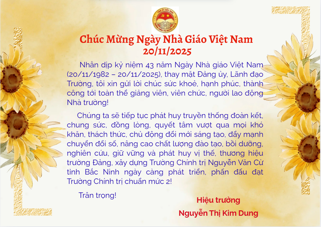 Thiệp chúc mừng Ngày Nhà giáo Việt Nam của Hiệu trưởng Trường Chính trị Nguyễn Văn Cừ